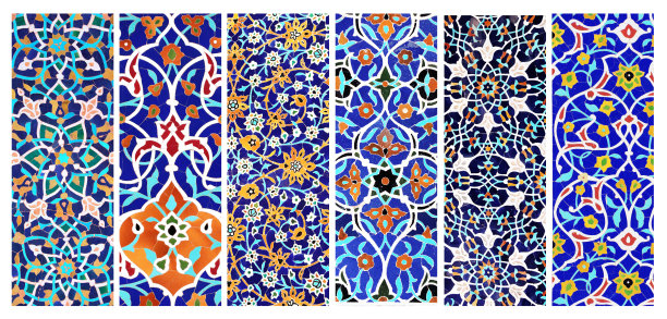 一套垂直或水平的横幅与花卉和几何装饰的古代马赛克墙的细节图片下载