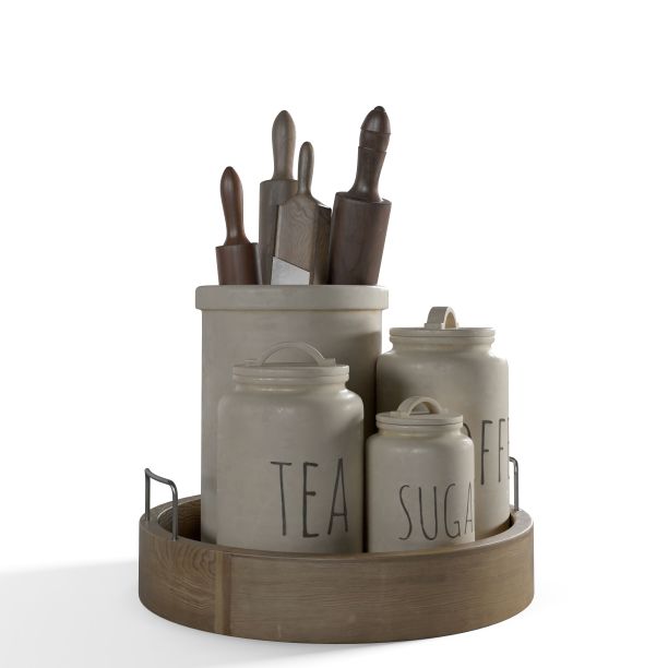 一个木制厨房擀面杖集和罐在托盘上孤立在白色背景的3D渲染图片下载