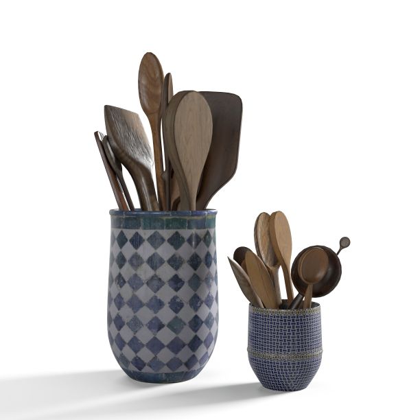 白色背景上蓝色陶瓷盒中隔离的木制厨房用具的3D渲染图片下载
