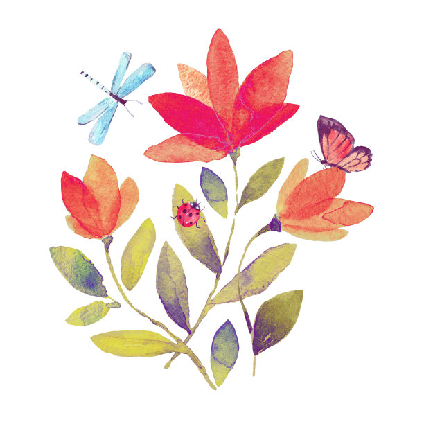 春季水彩手绘插图郁金香和昆虫。可爱的复古设计打印，封面，明信片，海报图片下载