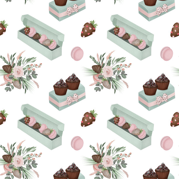 无缝模式水彩美学巧克力松饼，杏仁饼干和草莓巧克力在薄荷包装盒，插图在白色背景图片下载