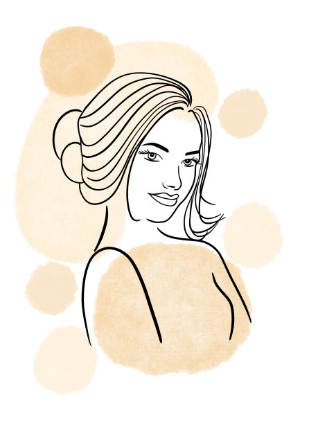 画在线条艺术中的女人。黑线配白底，米色圈。图片下载