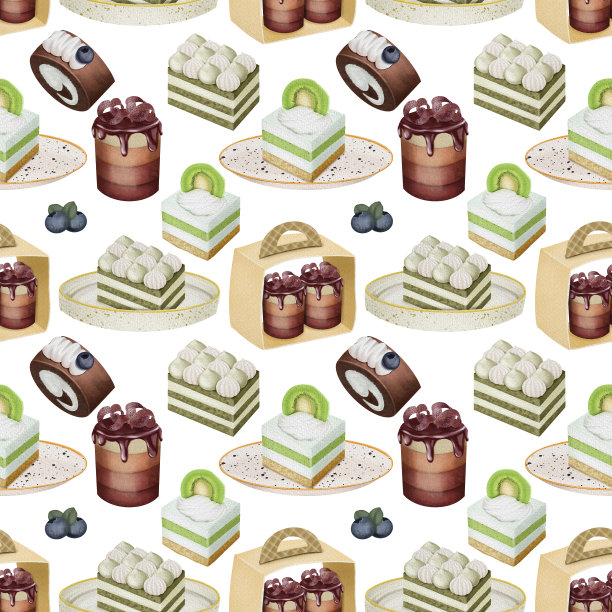 无缝图案水彩美学绿色和巧克力甜点和糖果，插图在白色背景图片下载