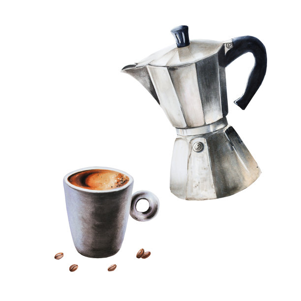 水彩插图间歇泉咖啡机与一杯浓缩咖啡。手绘在白色孤立的背景。为设计师，菜单，商店，酒吧，小酒馆，餐厅，明信片，包装纸，封面。海报及纺织品图片下载