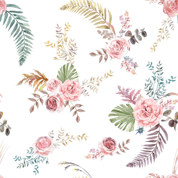 水彩复古无缝模式与花白玫瑰和热带棕榈叶为夏季纺织品的妇女是连衣裙和衣服的自然色调图片下载