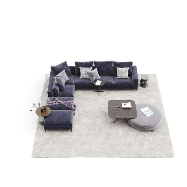 蓝色织物沙发的3D渲染，白色背景地毯上的咖啡桌图片下载