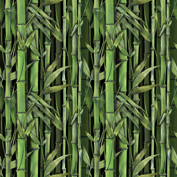 青竹茎叶，热带森林。水彩插图。从竹系列的黑色背景无缝模式。用于织物、纺织品、壁纸、包装和印刷品。图片下载