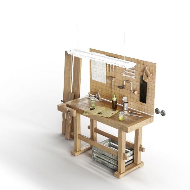 三维渲染的工作台与各种工具和一个灯上面图片下载