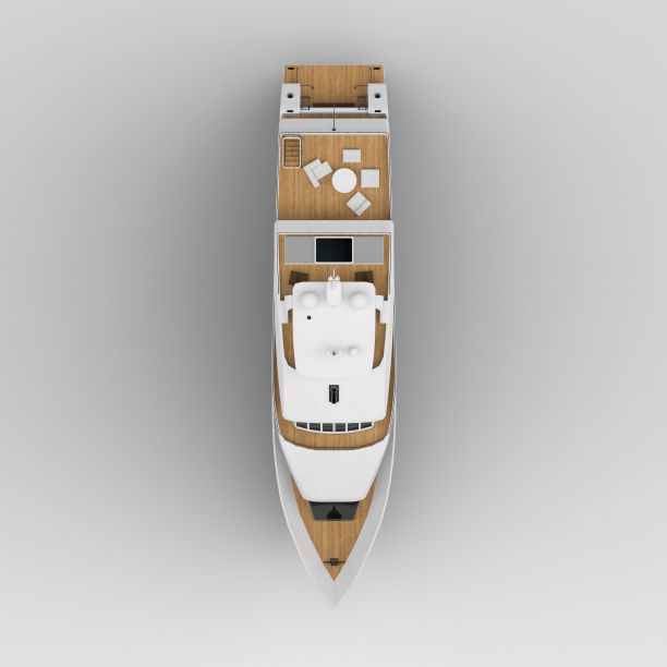 在一个孤立的背景上有一个木制甲板的摩托艇模型的特写俯视图图片下载