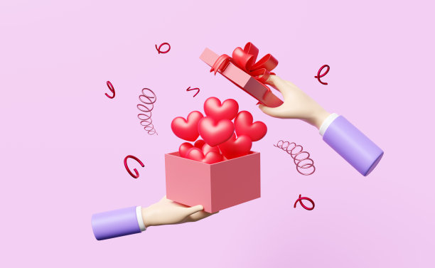 手拿粉红色打开礼品盒与红色心脏孤立在紫色背景。圣诞节和新年，健康的爱，世界心脏日，情人节概念，3d插图或3d渲染图片下载