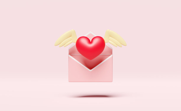 红心长着翅膀，粉红色背景上孤立的信封飞翔。通知时事通讯，在线收到的电子邮件，健康爱或世界心脏日，情人节概念，3d插图或3d渲染图片下载