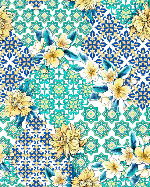 水彩花黄蓝点缀图片下载