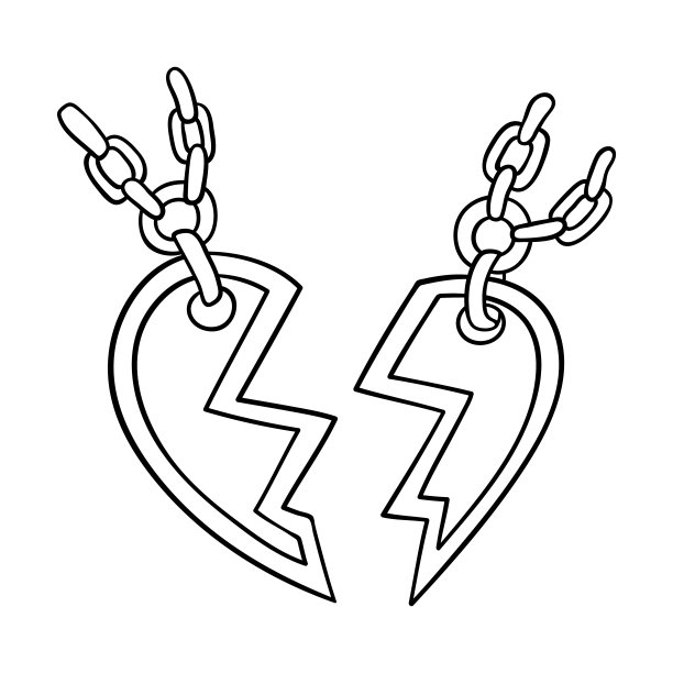 孤立的细线插图一对心脏吊坠。情人节手绘的细线爱情图标。图片下载