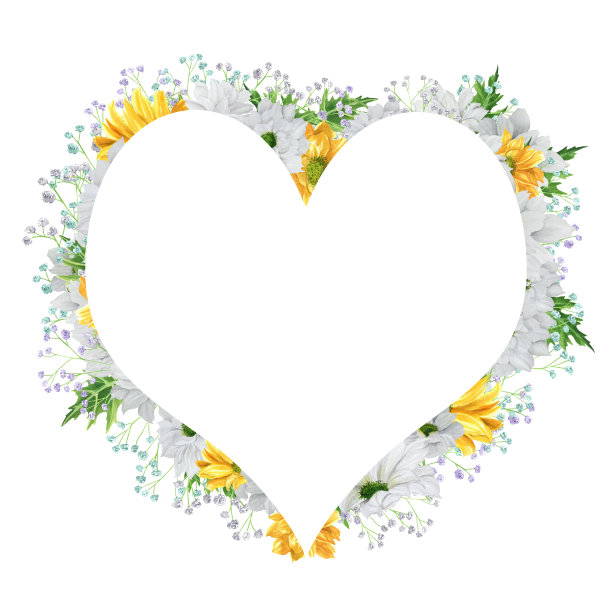 手绘心形水彩花环与白色和黄色菊花与彩色的吉普赛人图片下载