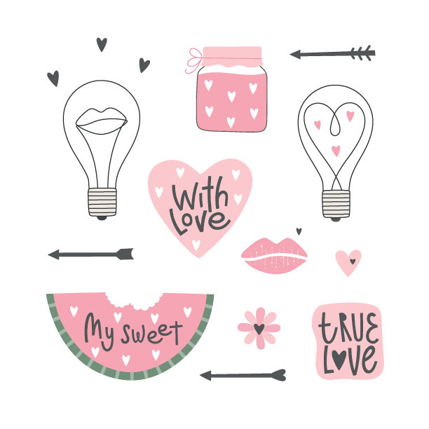 为情人节，婚礼，爱情概念元素的剪贴画集。完美的剪贴簿，贺卡，贴纸，派对邀请，礼物标签。图片下载