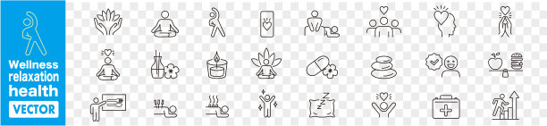 健康，放松，健康，运动，瑜伽，水疗，饮食，健康，图标集合。图片下载