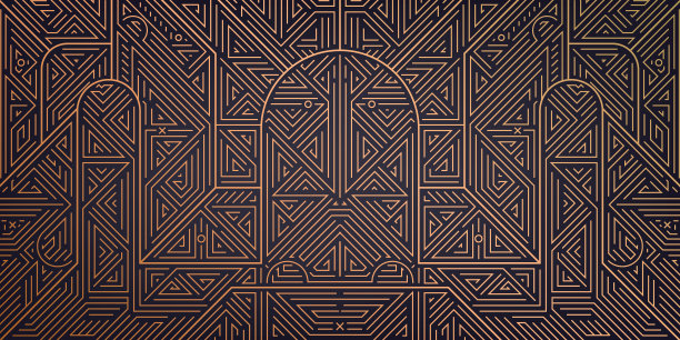 矢量抽象几何金色背景。装饰艺术奢华，花式图案，几何装饰，线性风格。水平方向装饰元素，建筑，城市，拱门，插图。图片下载