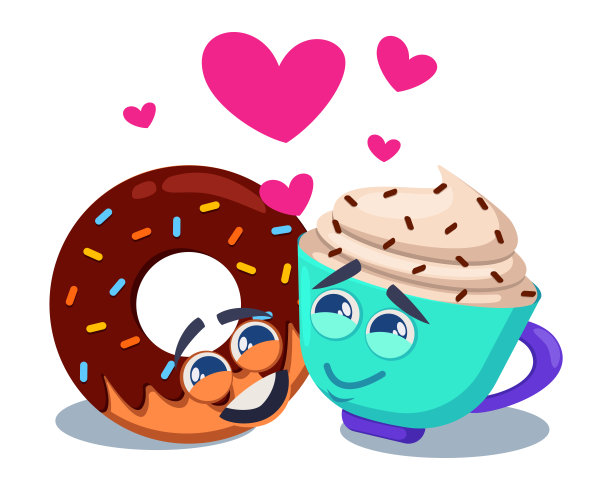 甜甜圈和咖啡杯的人物在爱情矢量插图图片下载