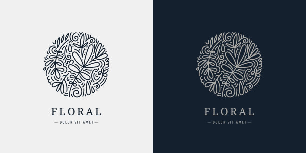 矢量线性植物图标。圆圈奢华有机会徽。抽象徽章为天然产品，花店，化妆品，生态概念，健康，水疗，瑜伽中心。叶子和花朵图标。图片下载