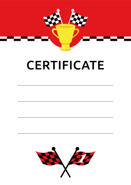赛车或卡丁车赛车手的胜利或毕业证书模板。金杯，方格旗，结束。图片下载