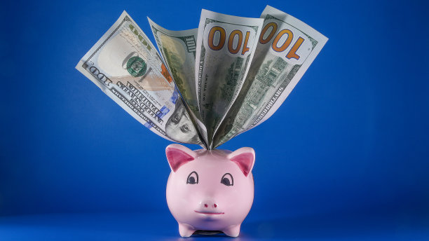 粉红色的存钱罐，里面有美元，蓝色背景图片下载