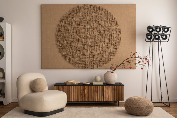 室内设计的客厅内部与模拟海报框架，白色扶手椅，木制餐具柜，雕塑，地毯，花瓶与花楸，黑色现代灯和个人配件。家居装饰。模板。图片下载