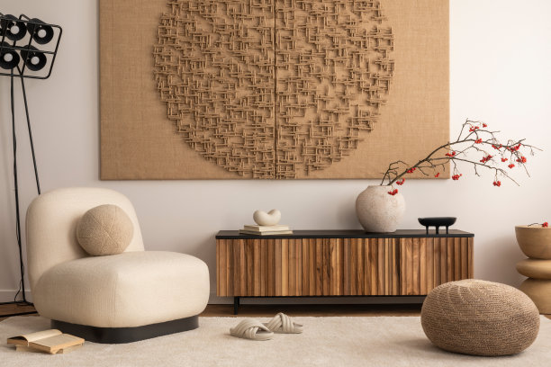 客厅内部的创意组成，有模拟海报框架，白色扶手椅，木制餐具柜，雕塑，地毯，花楸花瓶，黑色现代灯和个人配件。家居装饰。模板。图片下载