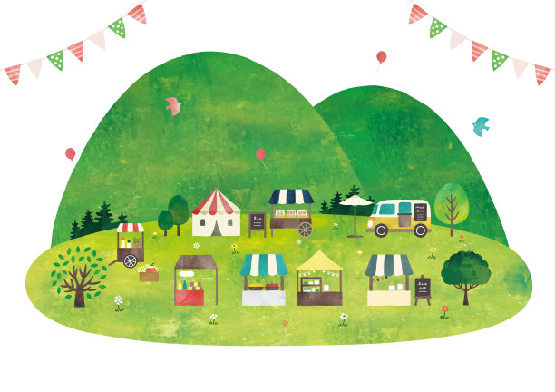 山脉，草地和市场水彩画图片下载