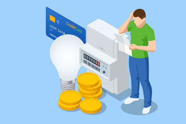 等距千瓦时电表、供电电表。男性角色正在支付水电费。发票和电表的概念。用于家用电器的电度表图片下载