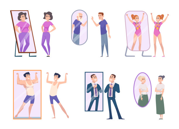 镜子看。男人和女人的自我观在反映自我中心合身衣服胖瘦人物精确矢量插图图片下载