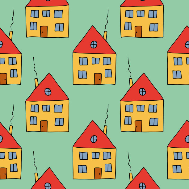 可爱的无缝图案与手绘涂鸦房子图片下载