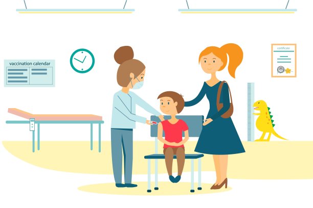 接种疫苗。登陆页面模板。现代平面设计。矢量插图和医生，妈妈和男孩图片下载