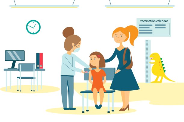 接种疫苗。登陆页面模板。现代平面设计。矢量插图和医生，妈妈和男孩图片下载