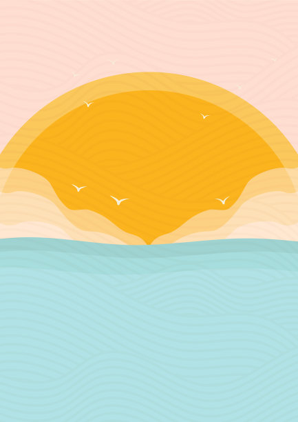 极简的现代海景和日落印花。海浪和鸟类的审美景观。图片下载