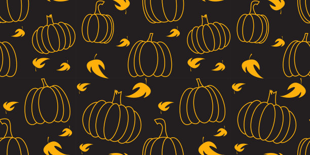 无缝无尽的图案与线性南瓜在黑色背景，黄色叶子。图片下载