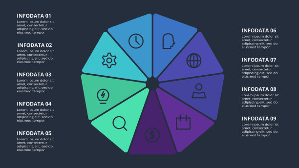 圆形黑色信息图与9个元素模板的网络在黑色背景，业务，演示。向量图片下载