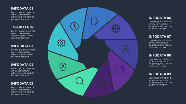 圆形黑色信息图与9个元素模板的网络在黑色背景，业务，演示。向量图片下载