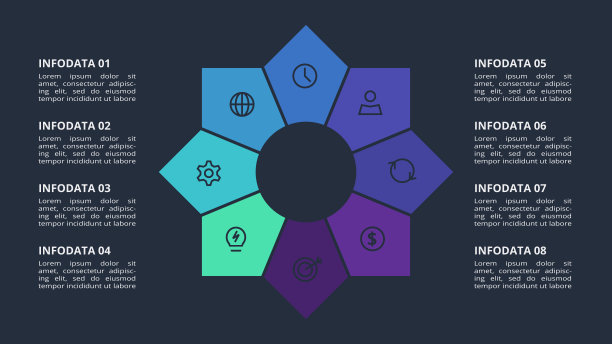 圆形黑色信息图与8个元素模板的网络在黑色背景，业务，演示。向量图片下载