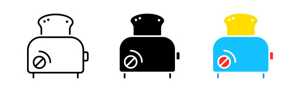 烤面包机图标集。吐司，面包，明天，油炸，味道，三明治，厨房，设备，温度，时间，按钮，烹饪。食品的概念。不同风格的矢量线图标图片下载