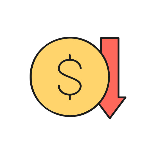 钱币上有向下箭头，钱币上有降低利率颜色的直线图标。金融、支付、投资金融符号设计。图片下载