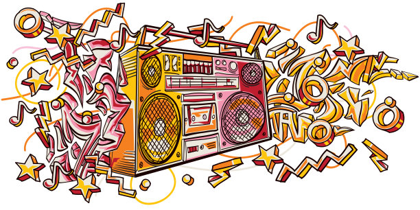 音乐设计-时髦的彩色画boom box图片下载