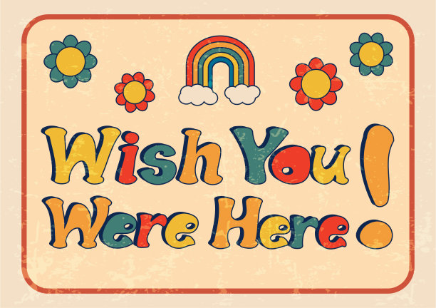 希望你在这里短语水平框架彩虹和鲜花，绝妙的海报在20世纪70年代的风格图片下载