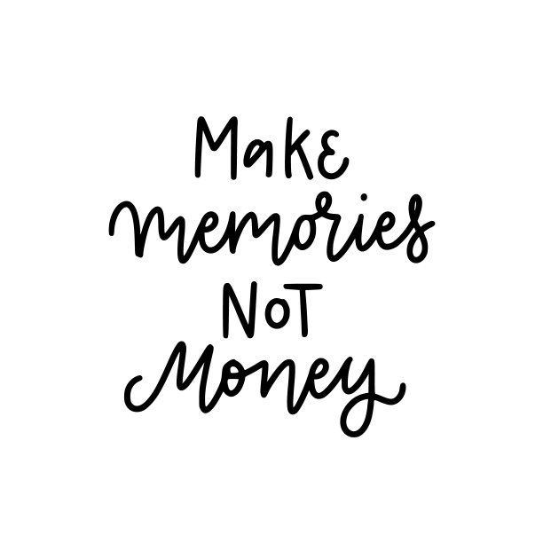 创造回忆，而不是金钱。收集回忆，而不是东西。鼓舞人心的平面设计明信片。手写的短语。现代毛笔书法可爱的设计元素。矢量排版插图图片下载