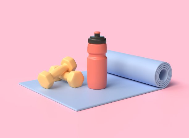 3d塑料水瓶，哑铃，瑜伽垫。健康的生活方式，运动健身理念。插图孤立的粉红色背景。三维渲染图片下载