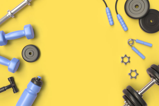 3d运动器材，哑铃，塑料瓶。健康的生活方式，运动和健身的概念。免费的文字空间。三维渲染图片下载