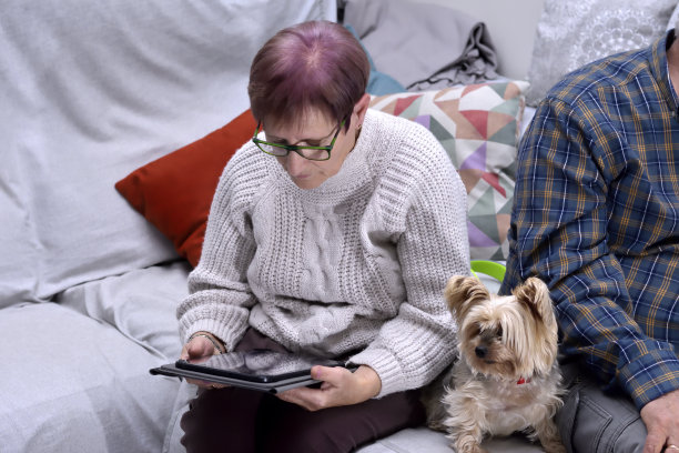 照片中，一位老妇人正与丈夫和宠物坐在客厅的沙发上使用平板电脑。概念。有选择性的重点。副本的空间。图片下载