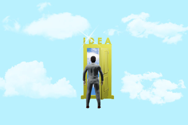 商人站在一个打开的门3D插图前图片下载