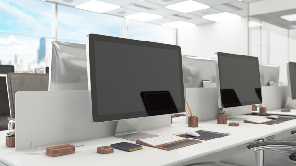 带有电脑屏幕和工作空间的现代办公室内部图片下载