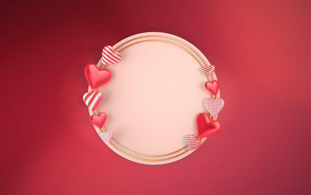 情人节概念与3D心形，站在白纸和金戒指图片下载