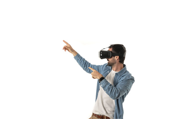 一名戴着VR眼镜的男子在白色背景上指着孤立的手指图片下载